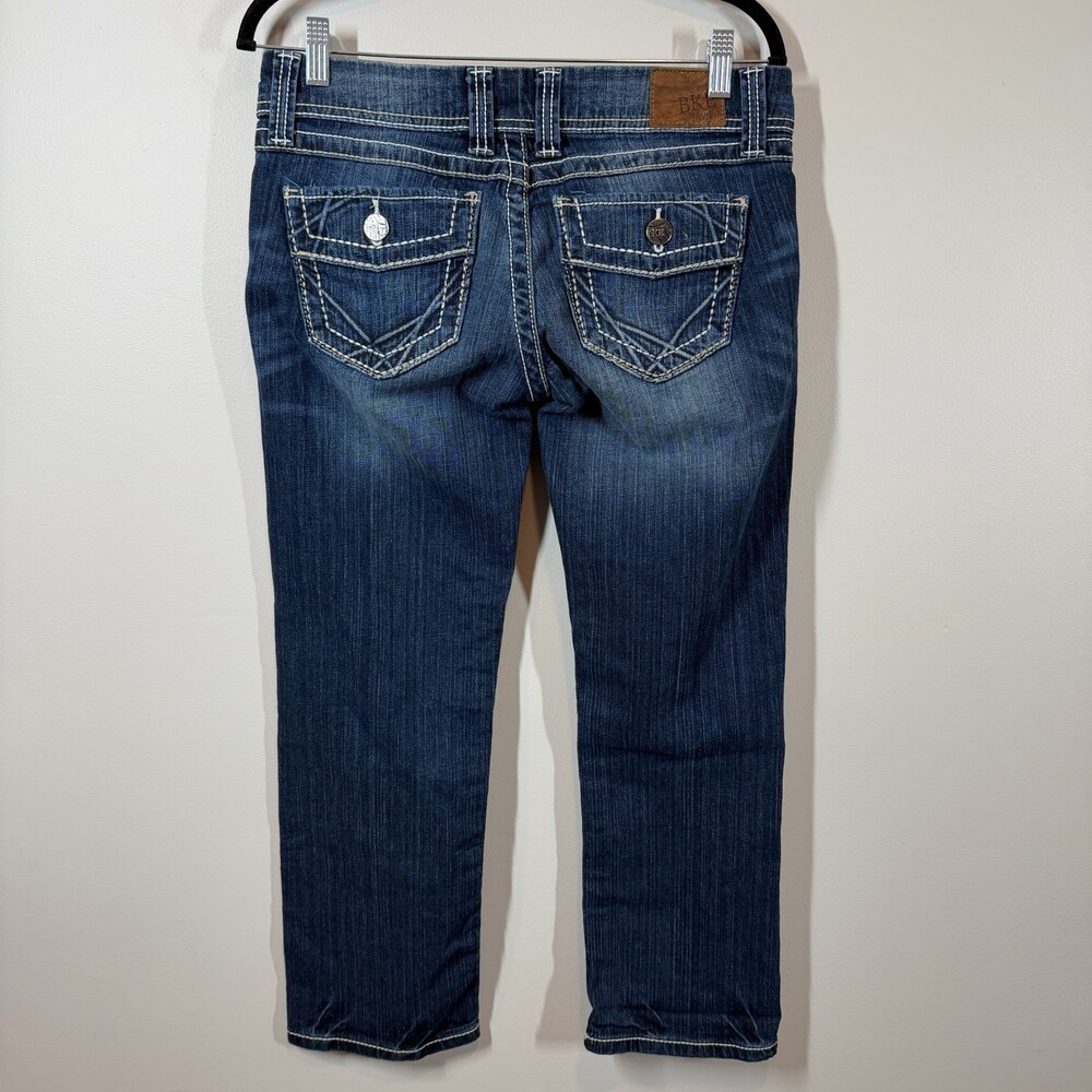 BKE Stella Dark Wash Denim Jeans Size 29 White Stitching Low Rise Y2K Buckle - Picture 4 of 10